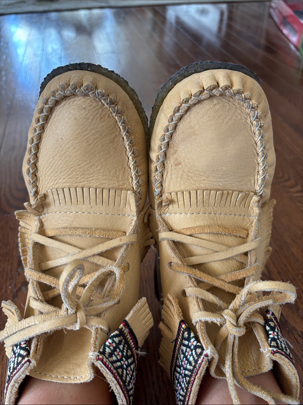 Women’s Tan Moccasin Lace-Up Shoes with Patterned Trim
